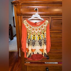 Alberto Makali Printed Boho Top Medium Orange Geometric 3/4 Sleeve
